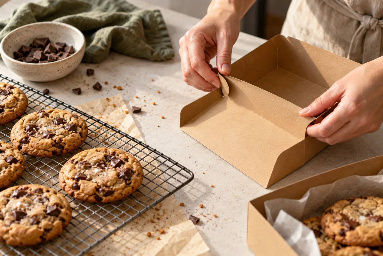 Biscotti sul banco mentre si prepara una scatola da pasticceria